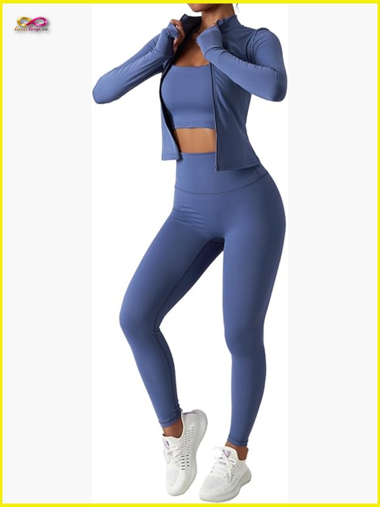Womens Two Piece Tracksuit Set Long Sleeve Zipper Jacket High Waist Leggings